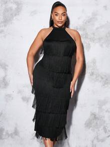 SHEIN BAE 大碼流蘇邊繞頸緊身洋裝 - 黑色 - 查看 1