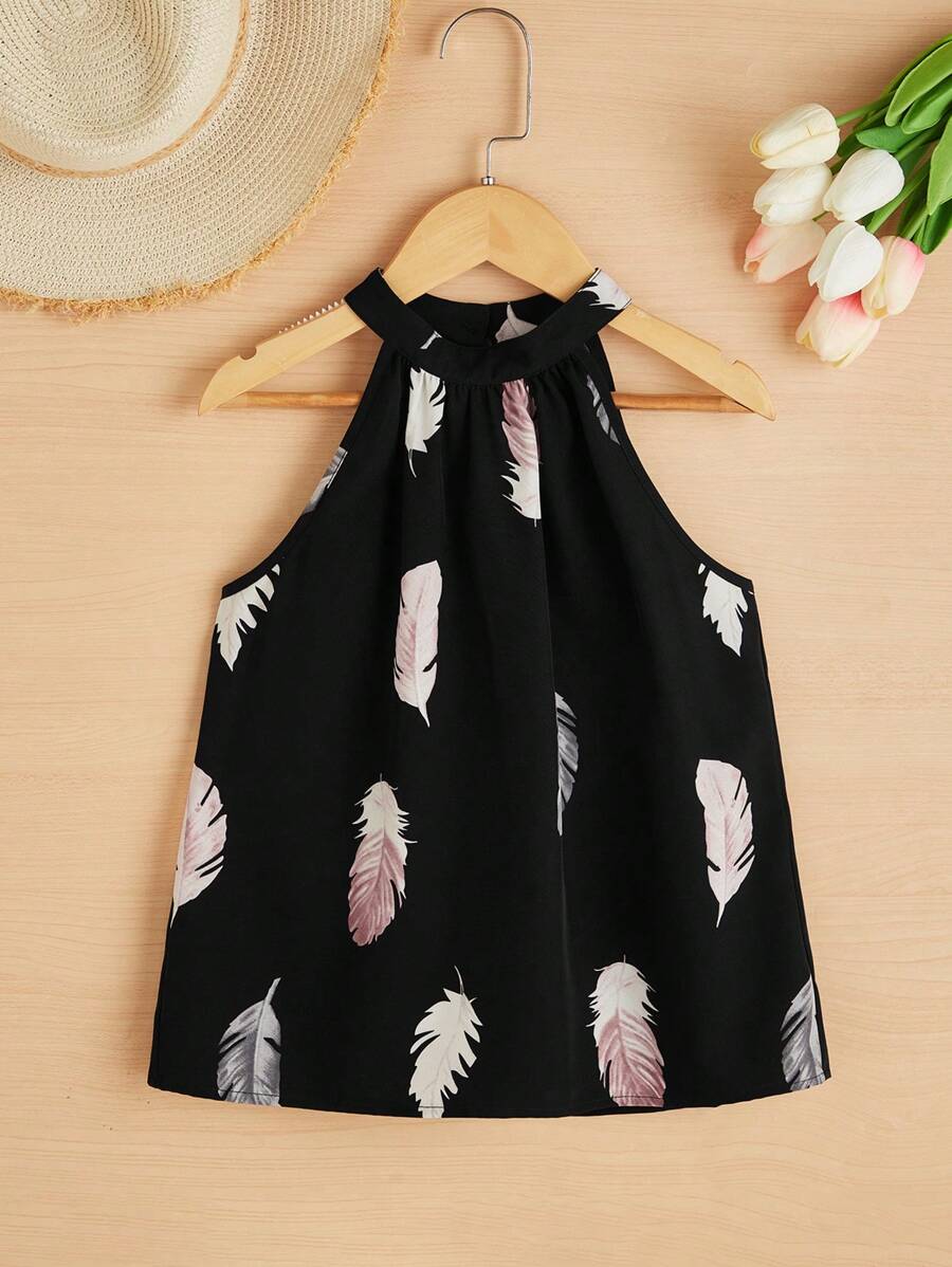 SHEIN Áo cổ yếm in họa tiết lông vũ kiểu Pháp thanh lịch cho bé gái tuổi mới lớn - màu đen - Xem 1