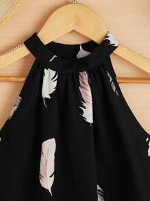 SHEIN Áo cổ yếm in họa tiết lông vũ kiểu Pháp thanh lịch cho bé gái tuổi mới lớn - màu đen - Xem 4