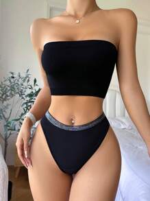 Glitter Tape Panel Sexy Thong - Black - View 3