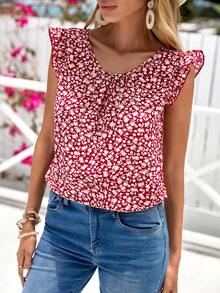 SHEIN LUNE Ditsy Floral Print Ruffle Trim Blouse - Multicolor - View 3