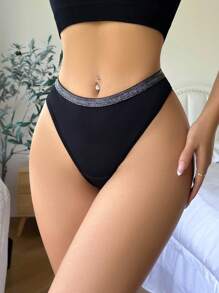 Glitter Tape Panel Sexy Thong - Black - View 4