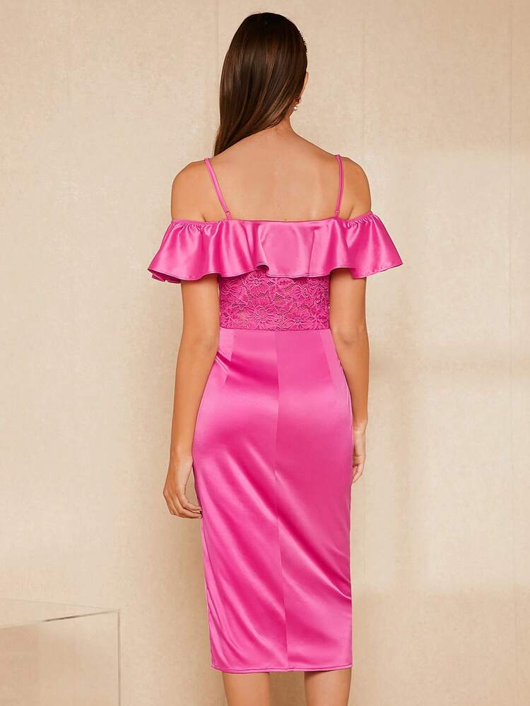 Cold Shoulder Ruffle Trim Split Thigh Dress