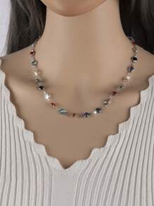 Random Color Crystal Decor Chain Necklace - Multicolor - View 1