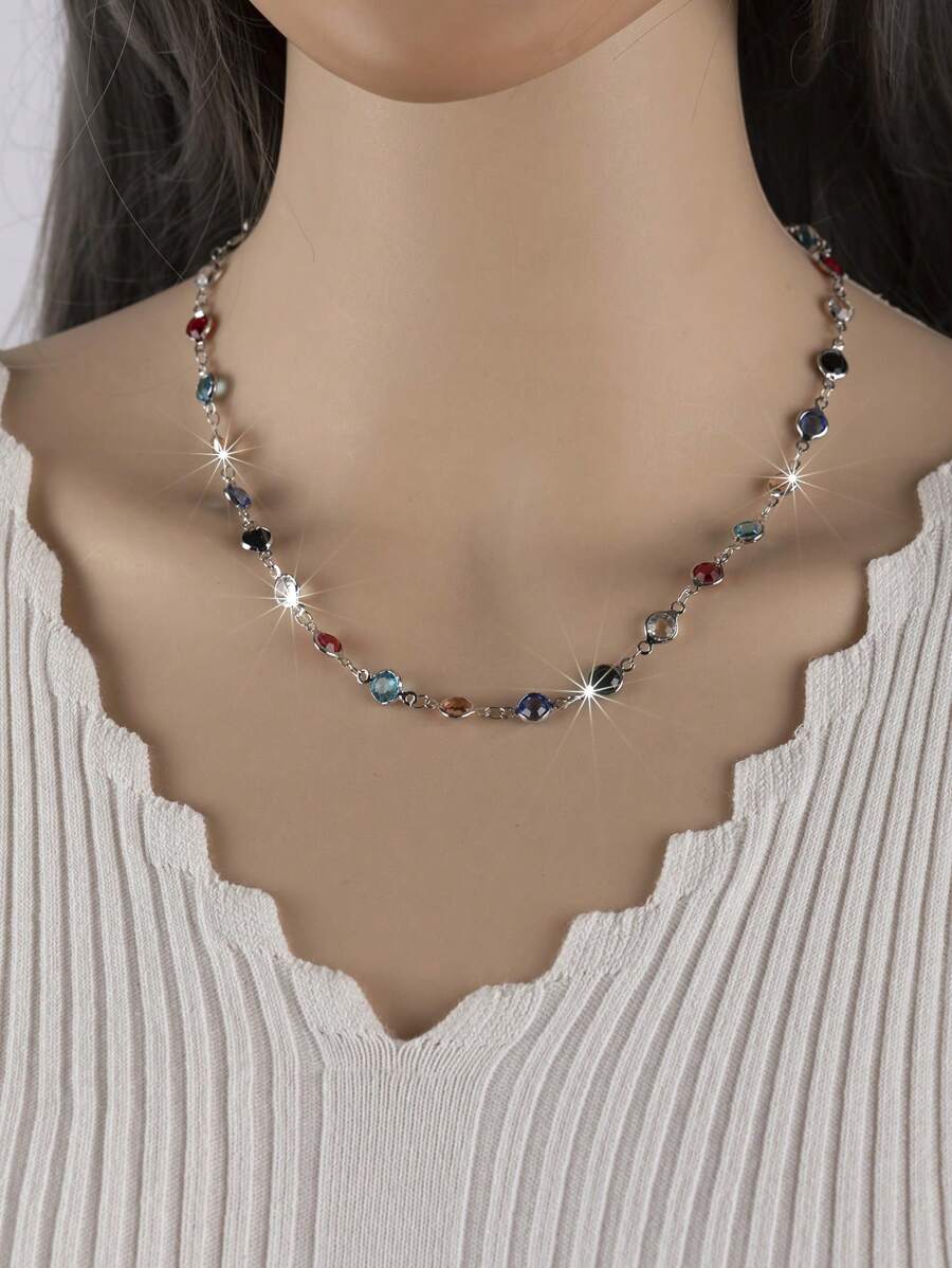 Random Color Crystal Decor Chain Necklace - Multicolor - View 1