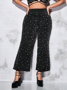SHEIN BAE Pantalones acampanados con cuenta de perla brillante - Negro - Ver 1