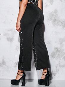 SHEIN BAE Pantalones acampanados con cuenta de perla brillante - Negro - Ver 2