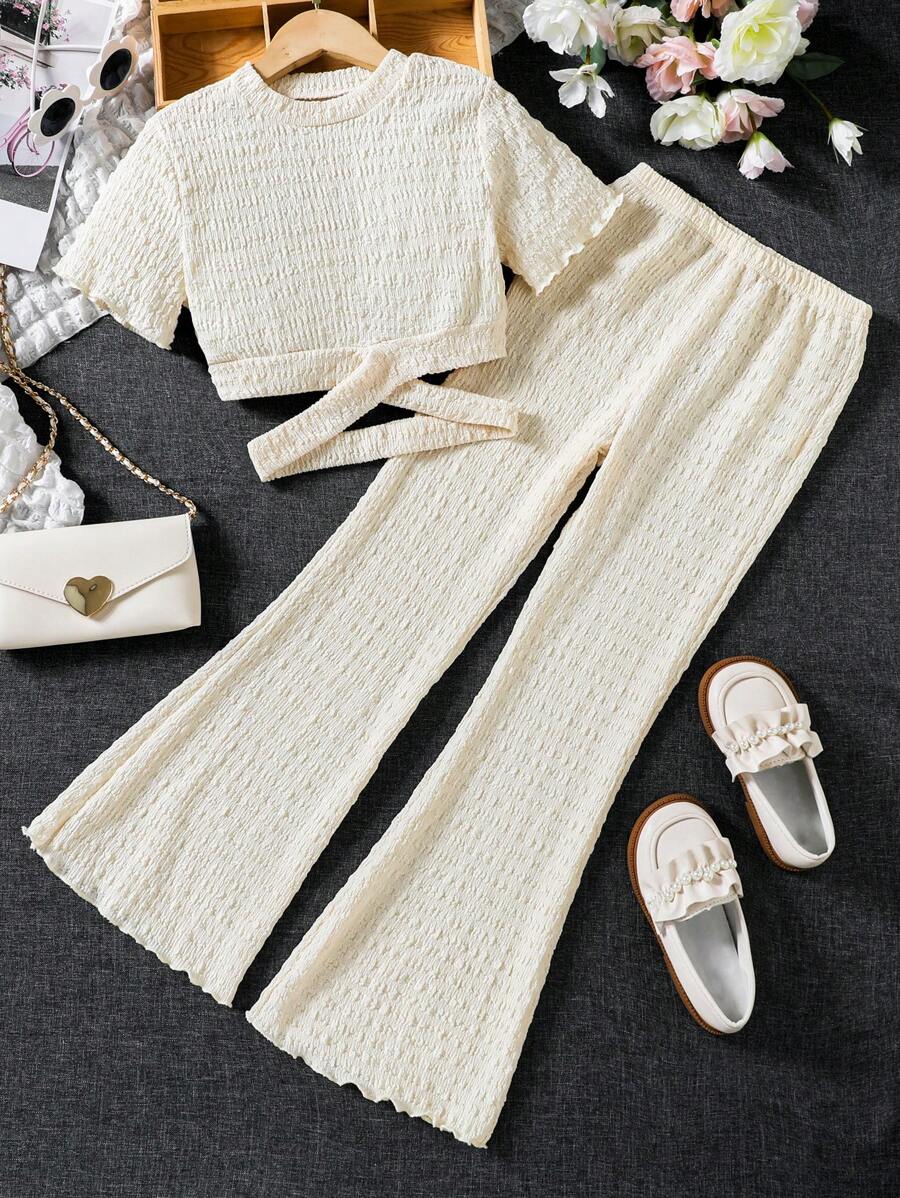 SHEIN Girls Crisscross Lettuce Trim Tee & Flare Leg Pants Set