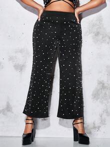 SHEIN BAE Pantalones acampanados con cuenta de perla brillante - Negro - Ver 6