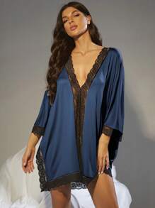Contrast Lace Batwing Sleeve Pajama Nightdress, Vacation