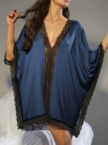 Contrast Lace Batwing Sleeve Pajama Nightdress, Vacation