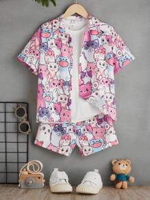 SHEIN 女孩卡通圖案襯衫和短褲不帶T恤 - 彩色 - 查看 1