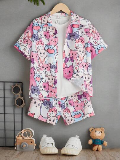 SHEIN 女孩卡通圖案襯衫和短褲不帶T恤