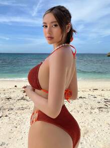 SHEIN Swim Summer Beach Ring Linked Halter Triangle Bikini Set - Rust Brown - View 2