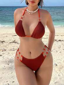 SHEIN Swim Summer Beach Ring Linked Halter Triangle Bikini Set - Rust Brown - View 3