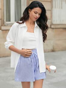 SHEIN Frenchy Striped Print Drawstring Waist Shorts Summer - Blue and White - View 5