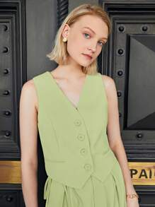 SHEIN BIZwear Solid Button Front Vest Blazer Workwear - Mint Green - View 6