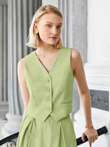 SHEIN BIZwear Solid Button Front Vest Blazer Workwear - Mint Green - View 8