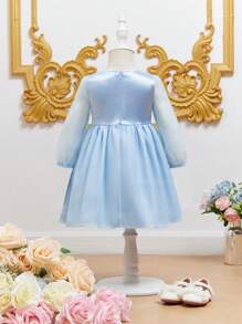 SHEIN 嬰兒織帶拼接方領燈籠袖洋裝 - 淺藍色 - 查看 2