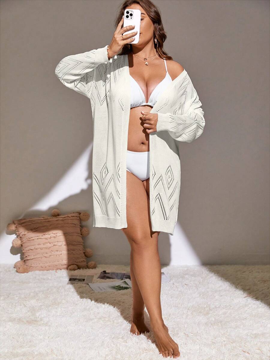 SHEIN Swim Curve Plus Solid Drop Shoulder Open Front Kimono - White - View 1