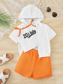 SHEIN Kleurblok Tekst Sets voor baby's Rits Contrasterende Zomen