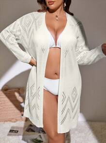 SHEIN Swim Curve Plus Solid Drop Shoulder Open Front Kimono - White - View 4