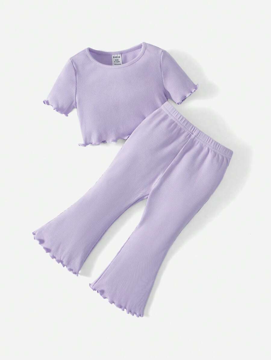 SHEIN Baby Lettuce Trim Tee & Flare Leg Trousers - Lilac Purple - View 1