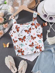 SHEIN Top de tirantes con busto fruncido y estampado de mariposas para chicas adolescentes - Multicolor - Ver 2
