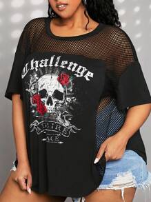 SHEIN CURVE+ 大碼骷髏和花卉印花拼接漁網落肩T恤 - 黑色 - 查看 2