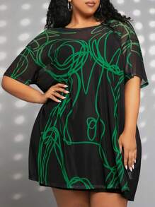 SHEIN CURVE+ Plus Graphic Print Mesh Dress Without Cami Dress - Black - View 1
