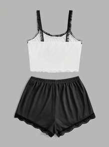 Corpse Bride | ROMWE Conjunto de pijama con contraste gráfico de encaje, para la escuela - Blanco y Negro - Ver 2