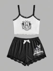 Corpse Bride | ROMWE Conjunto de pijama con contraste gráfico de encaje, para la escuela - Blanco y Negro - Ver 3