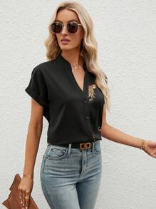 SHEIN Clasi Leopard Print Batwing Sleeve Blouse Black Shirt