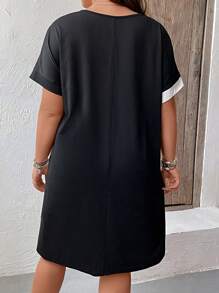 SHEIN LUNE Đầm Plus Size Dây kéo Nhẫn Khối Màu Giải trí - Đen và trắng - Xem 2