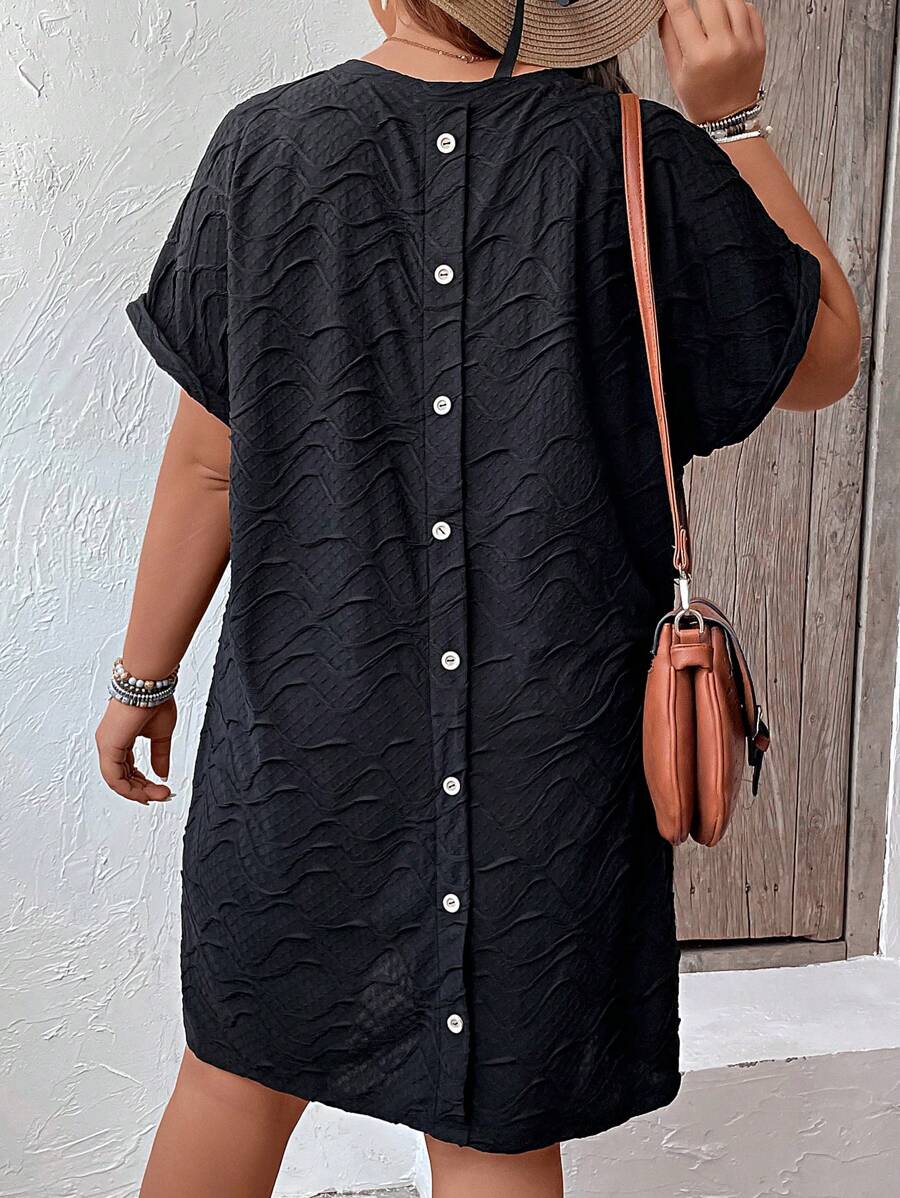 SHEIN LUNE Plus Button Back Batwing Sleeve Tunic Dress - Black - View 1