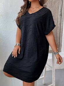 SHEIN LUNE Plus Button Back Batwing Sleeve Tunic Dress - Black - View 3