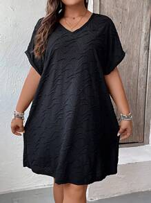 SHEIN LUNE Plus Button Back Batwing Sleeve Tunic Dress - Black - View 4