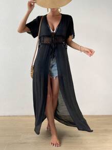 Contrast Lace Tie Front Kimono - Black - View 3