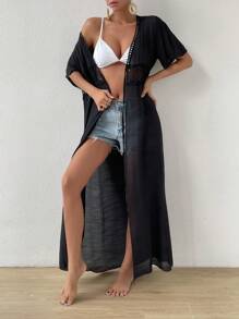 Contrast Lace Tie Front Kimono - Black - View 1