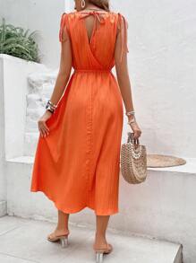 Breezaya Đầm Cắt ra Dây kéo Thắt nút Trọn gói màu trơn Boho - trái cam - Xem 3