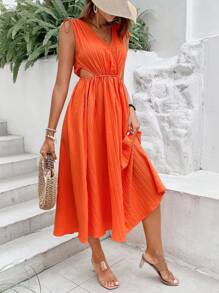 Breezaya Đầm Cắt ra Dây kéo Thắt nút Trọn gói màu trơn Boho - trái cam - Xem 1