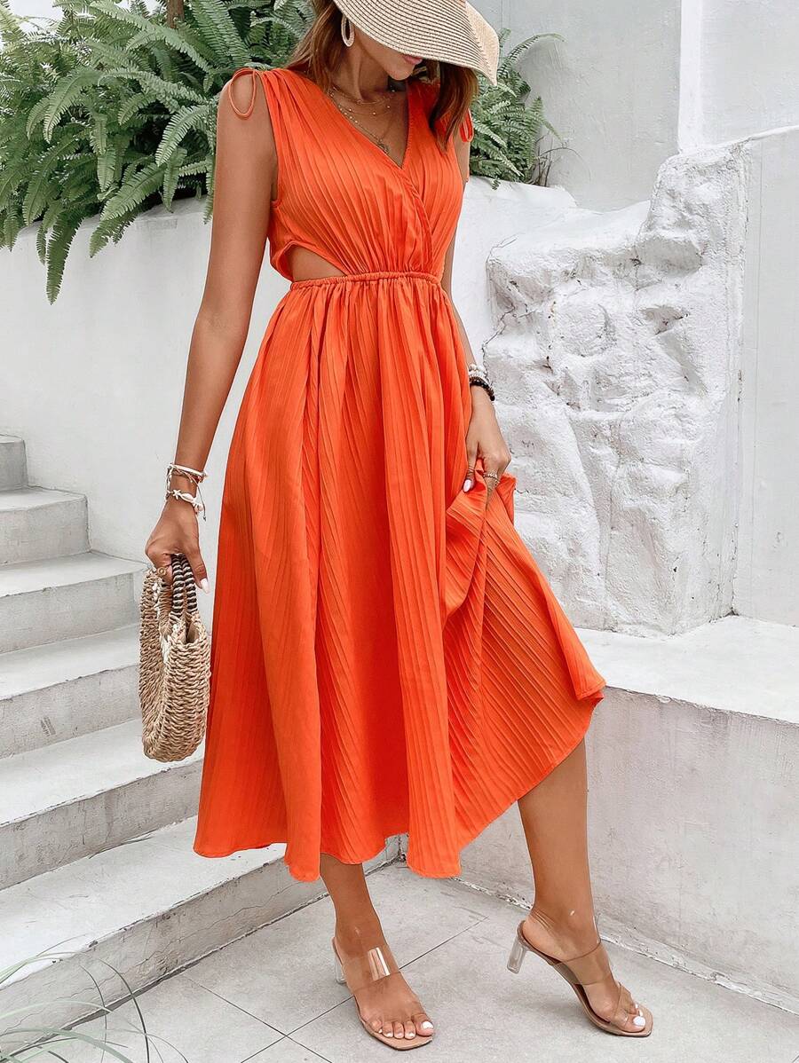 Breezaya Đầm Cắt ra Dây kéo Thắt nút Trọn gói màu trơn Boho - trái cam - Xem 1