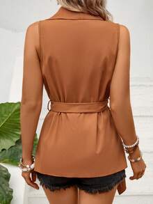 SHEIN LUNE Waterfall Collar Belted Vest Coat - Rust Brown - View 2