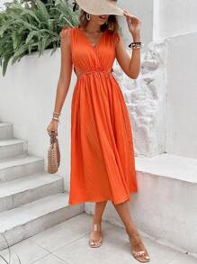 Breezaya Đầm Cắt ra Dây kéo Thắt nút Trọn gói màu trơn Boho - trái cam - Xem 5