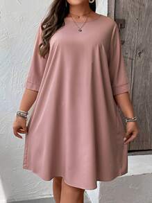 SHEIN LUNE Plus Knot Cuff Curved Hem Tunic Dress - Dusty Pink - View 3