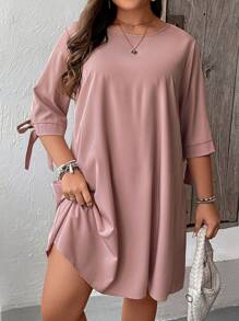 SHEIN LUNE Plus Knot Cuff Curved Hem Tunic Dress - Dusty Pink - View 4