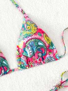 Swim SXY Summer Beach Paisley Print Halter Triangle Bikini Set - Multicolor - View 3