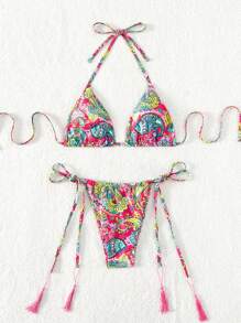 Swim SXY Summer Beach Paisley Print Halter Triangle Bikini Set - Multicolor - View 6