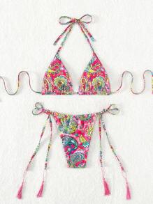 Swim SXY Summer Beach Paisley Print Halter Triangle Bikini Set - Multicolor - View 7
