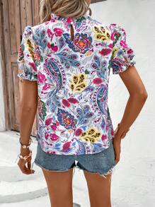 SHEIN VCAY Áo sơ mi nữ viền lá sen Hoa Paisley Boho - trắng - Xem 2